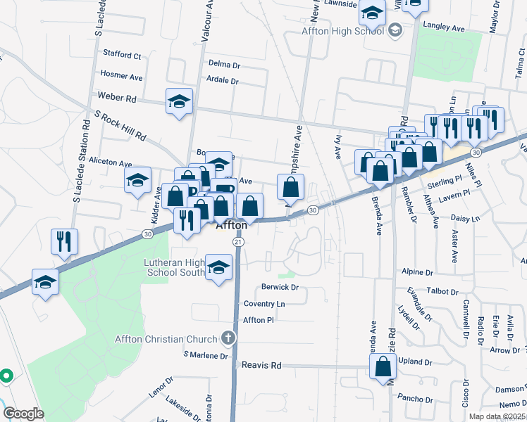 map of restaurants, bars, coffee shops, grocery stores, and more near 8935 Eden Avenue in Affton