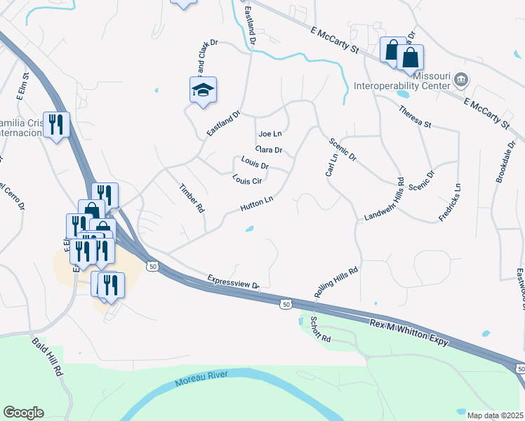 map of restaurants, bars, coffee shops, grocery stores, and more near 429 Hutton Lane in Jefferson City