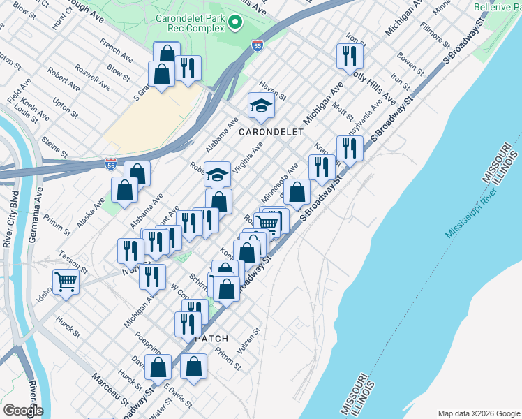 map of restaurants, bars, coffee shops, grocery stores, and more near 7200 Minnesota Avenue in St. Louis