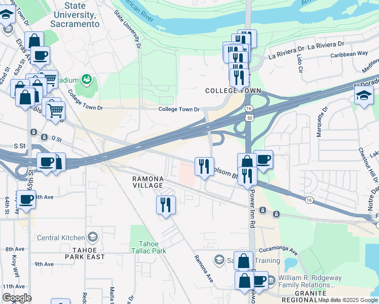 map of restaurants, bars, coffee shops, grocery stores, and more near 6000 J Street in Sacramento