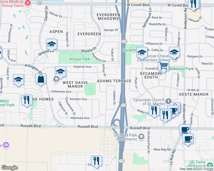 map of restaurants, bars, coffee shops, grocery stores, and more near Arthur Street & Adams Street in Davis