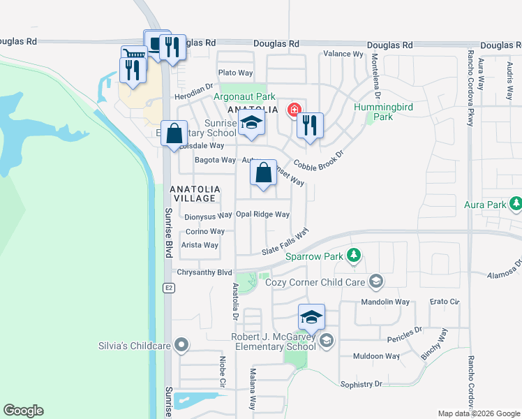 map of restaurants, bars, coffee shops, grocery stores, and more near 11825 Opal Ridge Way in Rancho Cordova