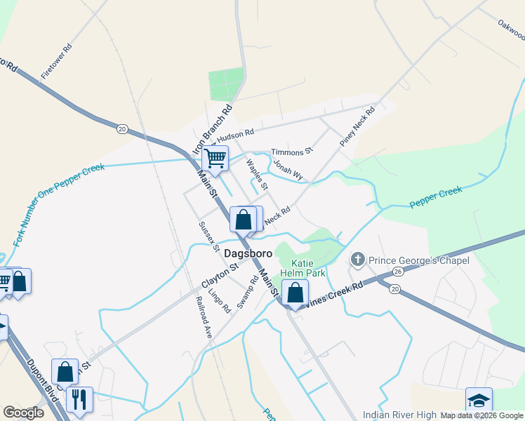 map of restaurants, bars, coffee shops, grocery stores, and more near 29117 Piney Neck Road in Dagsboro