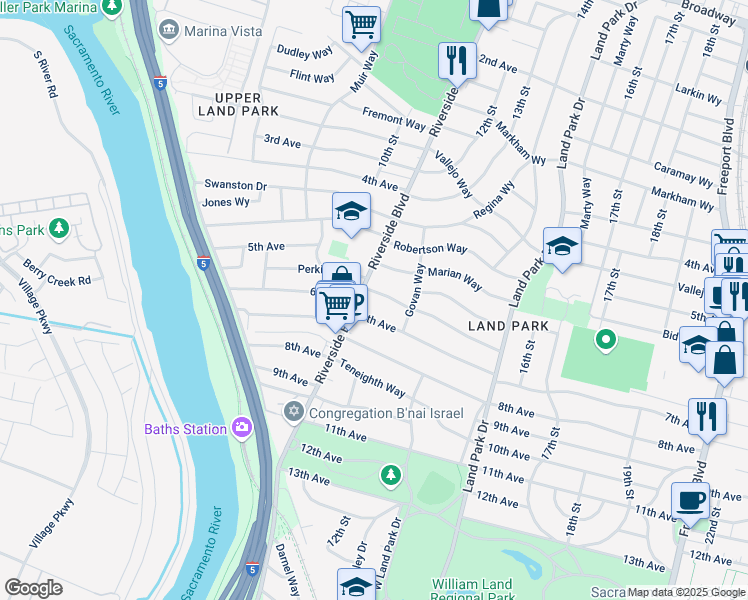 map of restaurants, bars, coffee shops, grocery stores, and more near 1116 Perkins Way in Sacramento