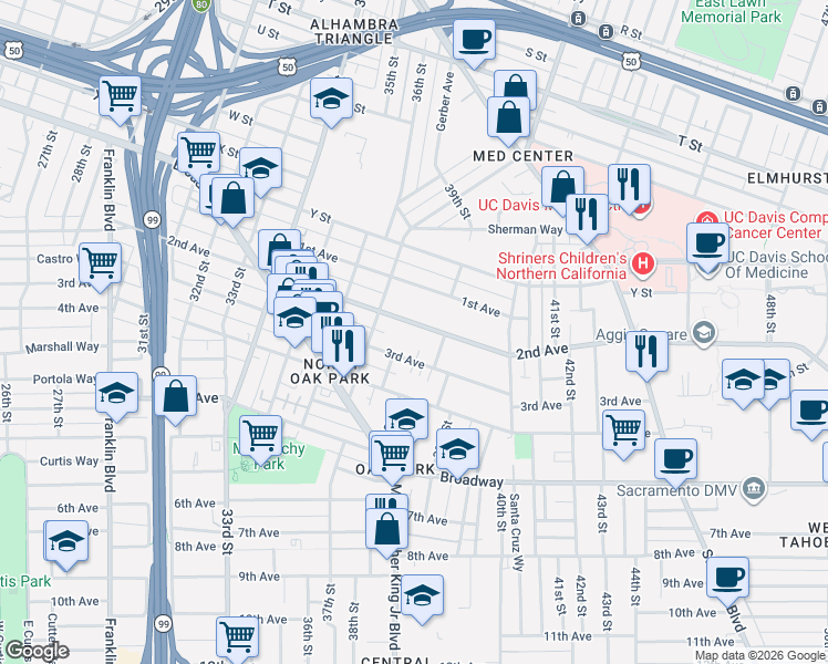 map of restaurants, bars, coffee shops, grocery stores, and more near 3754 2nd Avenue in Sacramento