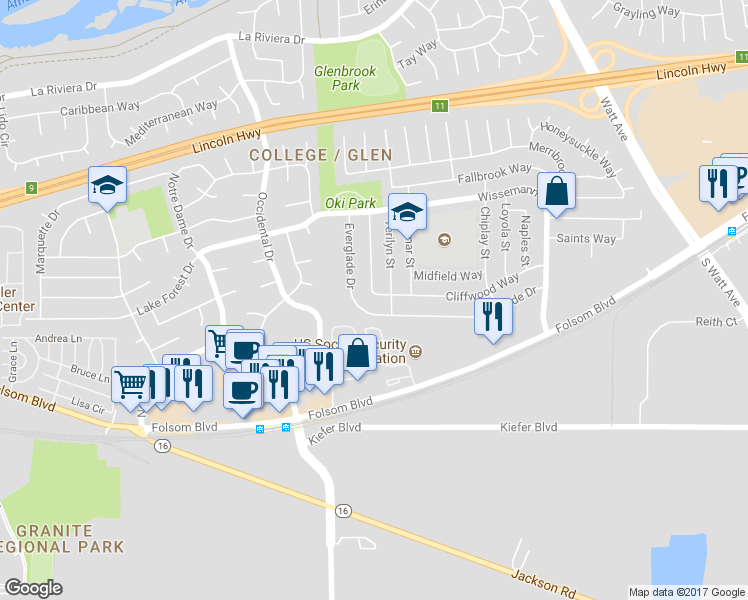 map of restaurants, bars, coffee shops, grocery stores, and more near 8566 Cliffwood Way in Sacramento