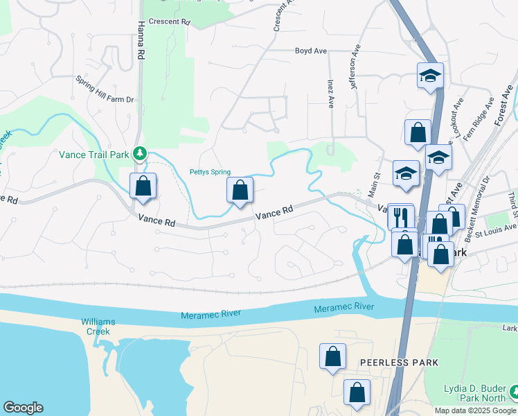 map of restaurants, bars, coffee shops, grocery stores, and more near 260 Vance Road in Valley Park