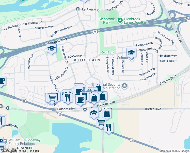 map of restaurants, bars, coffee shops, grocery stores, and more near 3105 Occidental Drive in Sacramento