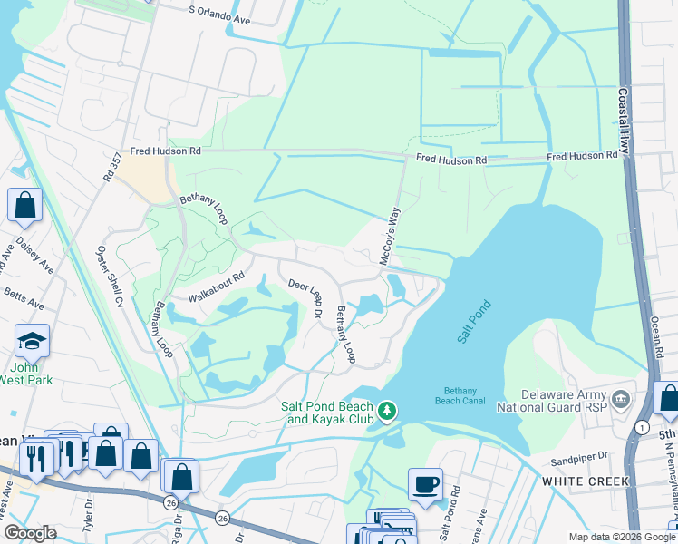 map of restaurants, bars, coffee shops, grocery stores, and more near 615 Bethany Loop in Bethany Beach