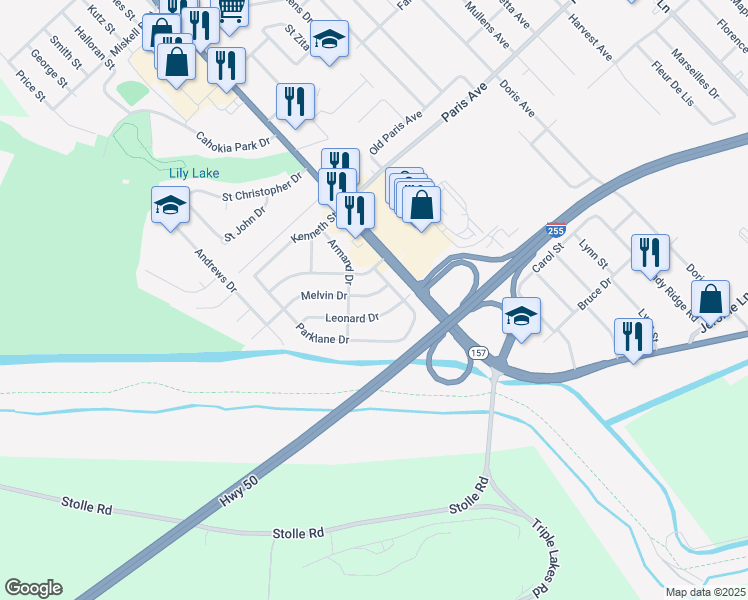 map of restaurants, bars, coffee shops, grocery stores, and more near 14 Melvin Drive in Cahokia