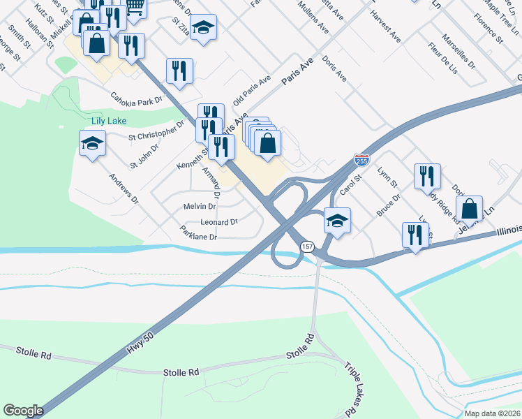 map of restaurants, bars, coffee shops, grocery stores, and more near 2 Leonard Drive in East St. Louis
