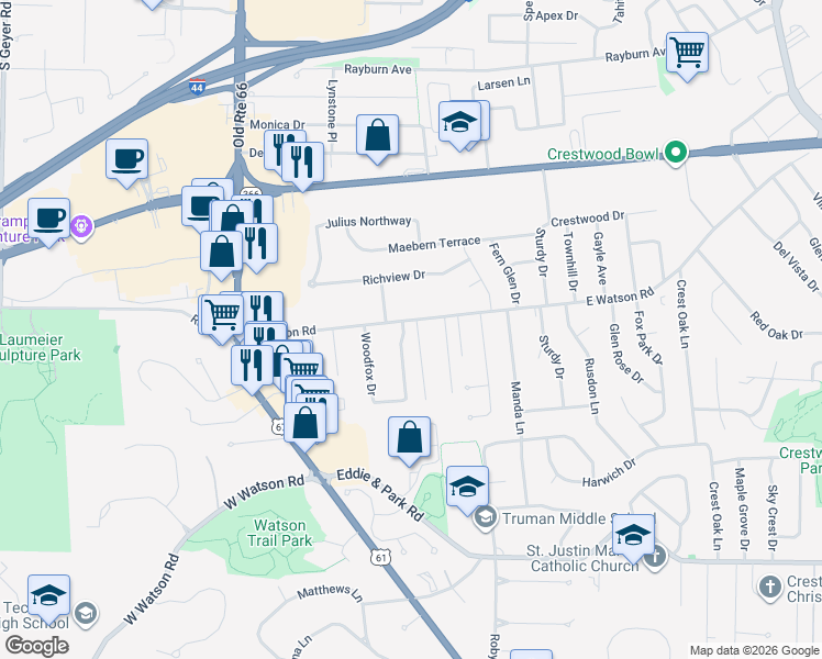 map of restaurants, bars, coffee shops, grocery stores, and more near 8806 Woodpark Drive in St. Louis