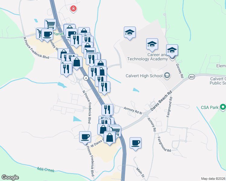 map of restaurants, bars, coffee shops, grocery stores, and more near 301 Steeple Chase Drive in Prince Frederick
