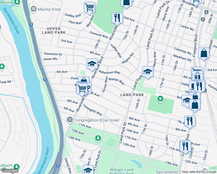 map of restaurants, bars, coffee shops, grocery stores, and more near 1238 Weller Way in Sacramento
