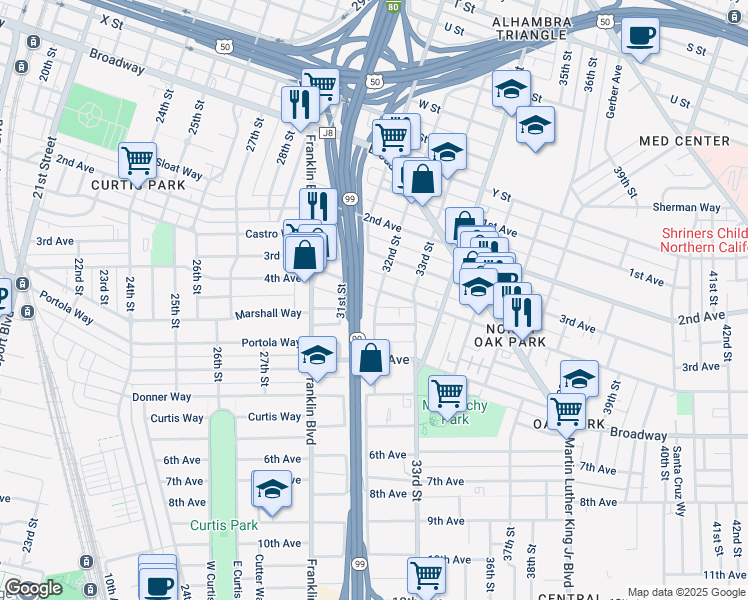 map of restaurants, bars, coffee shops, grocery stores, and more near 2910 32nd Street in Sacramento