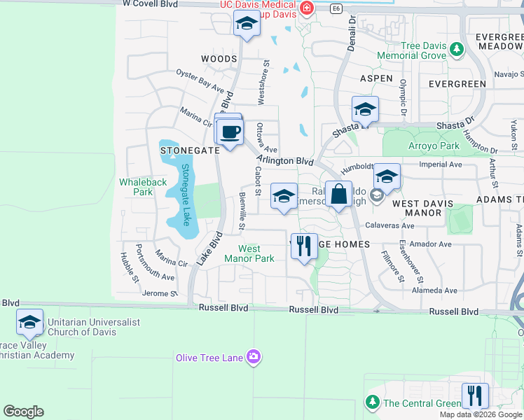 map of restaurants, bars, coffee shops, grocery stores, and more near 2763 Eel Place in Davis