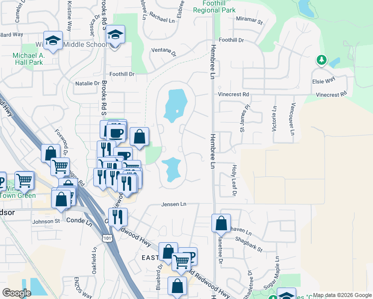 map of restaurants, bars, coffee shops, grocery stores, and more near 303 Blazing Star Court in Windsor