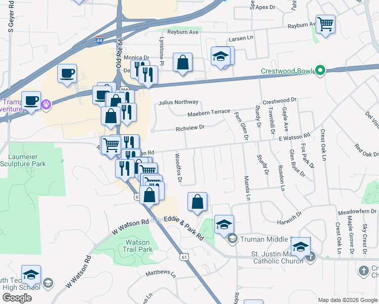 map of restaurants, bars, coffee shops, grocery stores, and more near 8806 Woodpark Drive in St. Louis