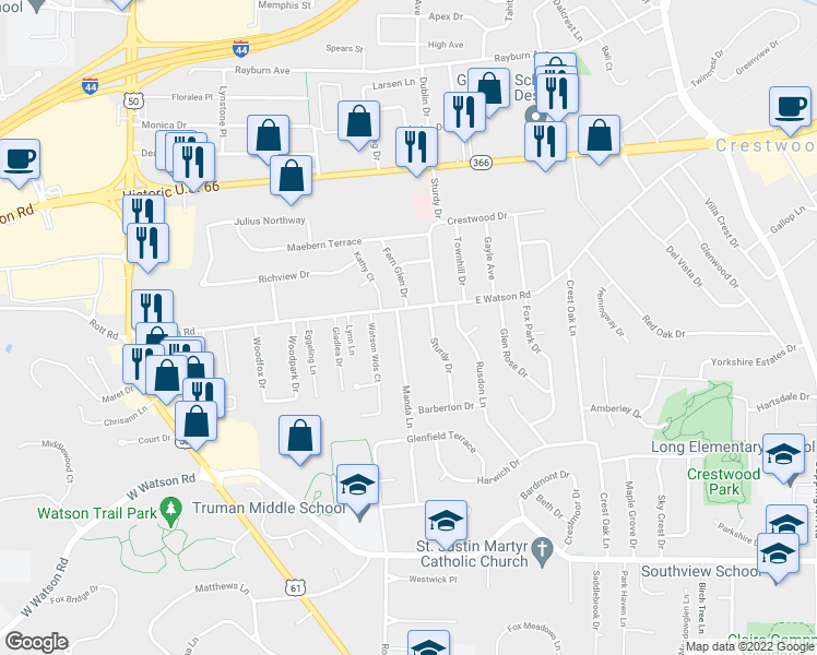 map of restaurants, bars, coffee shops, grocery stores, and more near 8810 Manda Lane in St. Louis