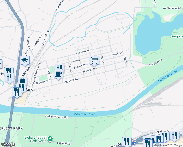 map of restaurants, bars, coffee shops, grocery stores, and more near 702 Marshall Road in Valley Park