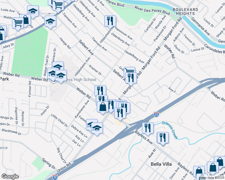 map of restaurants, bars, coffee shops, grocery stores, and more near 8229 Mastis Meadows Court in St. Louis