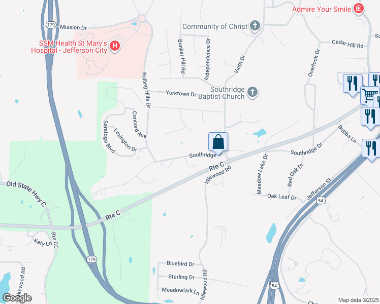 map of restaurants, bars, coffee shops, grocery stores, and more near 2320 Southridge Drive in Jefferson City