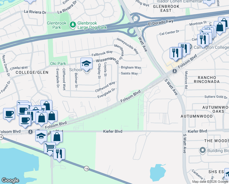 map of restaurants, bars, coffee shops, grocery stores, and more near 3150 Wissemann Drive in Sacramento