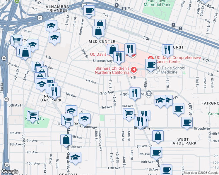 map of restaurants, bars, coffee shops, grocery stores, and more near 4155 2nd Avenue in Sacramento