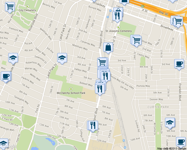 map of restaurants, bars, coffee shops, grocery stores, and more near 1924 Vallejo Way in Sacramento