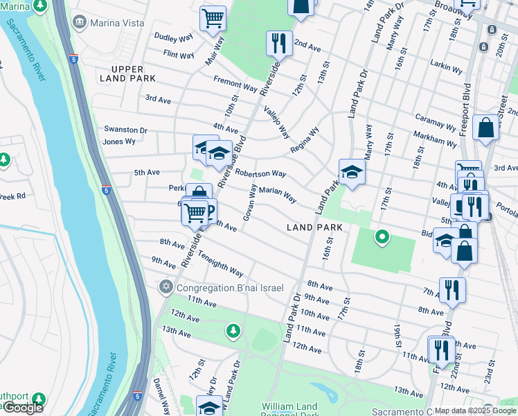 map of restaurants, bars, coffee shops, grocery stores, and more near 1238 Weller Way in Sacramento