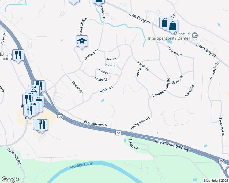 map of restaurants, bars, coffee shops, grocery stores, and more near 351 David Street in Jefferson City