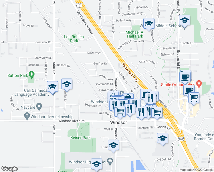 map of restaurants, bars, coffee shops, grocery stores, and more near 1879 Commons Court in Windsor