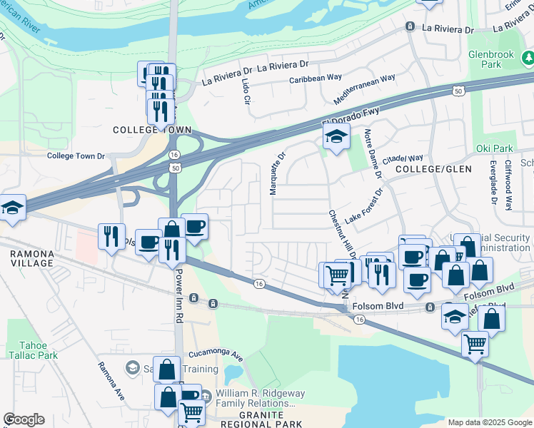 map of restaurants, bars, coffee shops, grocery stores, and more near 2748 Marquette Drive in Sacramento
