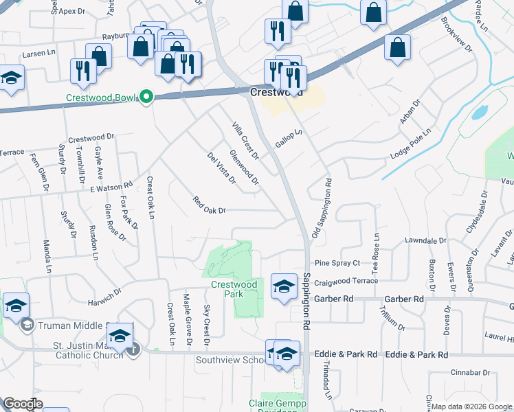 map of restaurants, bars, coffee shops, grocery stores, and more near 8928 Red Oak Drive in St. Louis
