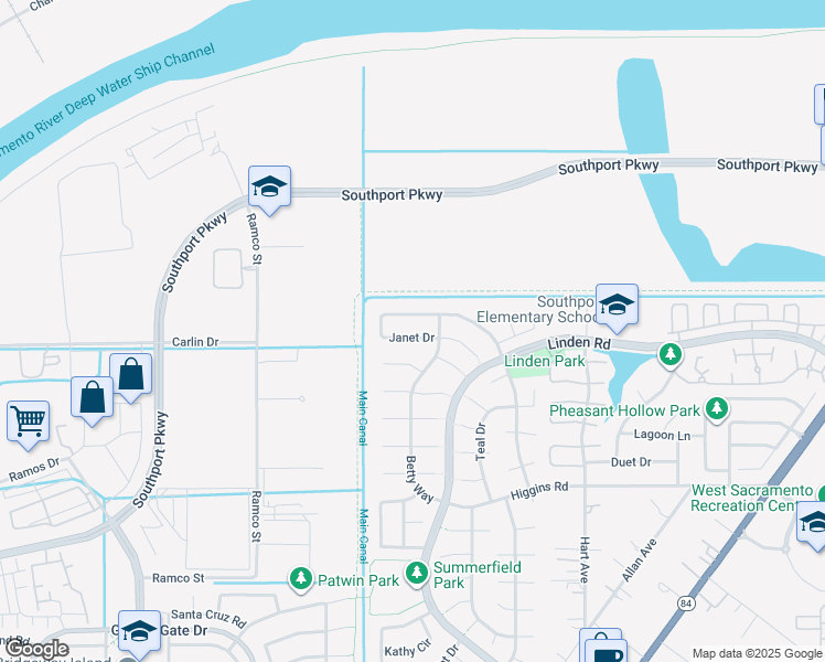 map of restaurants, bars, coffee shops, grocery stores, and more near 2949 Janet Drive in West Sacramento