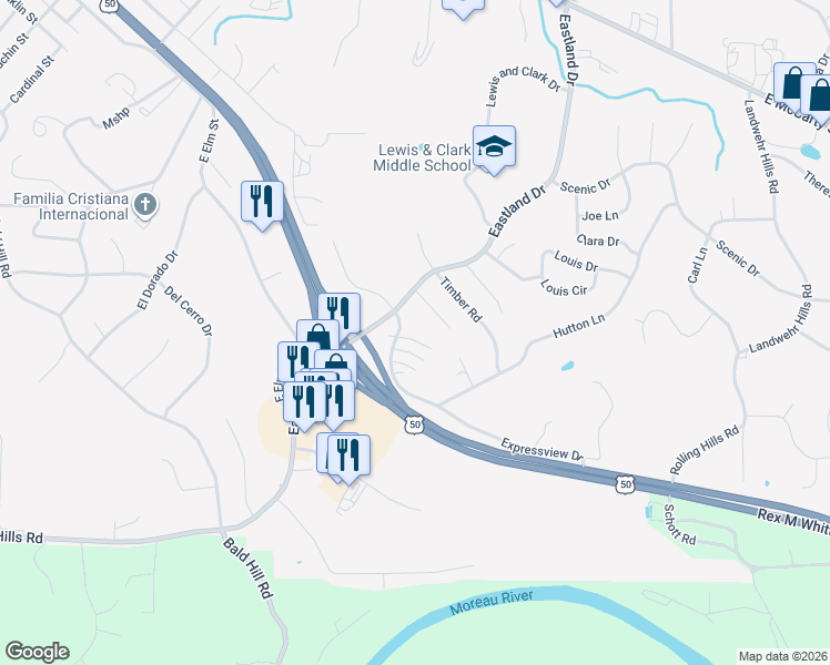 map of restaurants, bars, coffee shops, grocery stores, and more near 619 Woodlander Road in Jefferson City