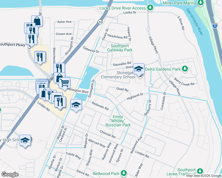 map of restaurants, bars, coffee shops, grocery stores, and more near 1757 Quail Road in West Sacramento