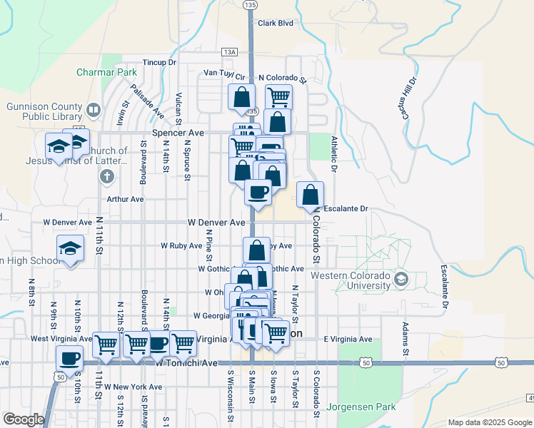 map of restaurants, bars, coffee shops, grocery stores, and more near 707 North Iowa Street in Gunnison