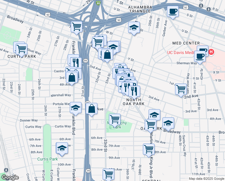 map of restaurants, bars, coffee shops, grocery stores, and more near 2833 34th Street in Sacramento