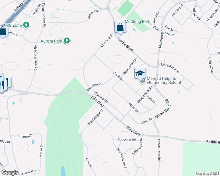 map of restaurants, bars, coffee shops, grocery stores, and more near 1524 Rosevalley Drive in Jefferson City