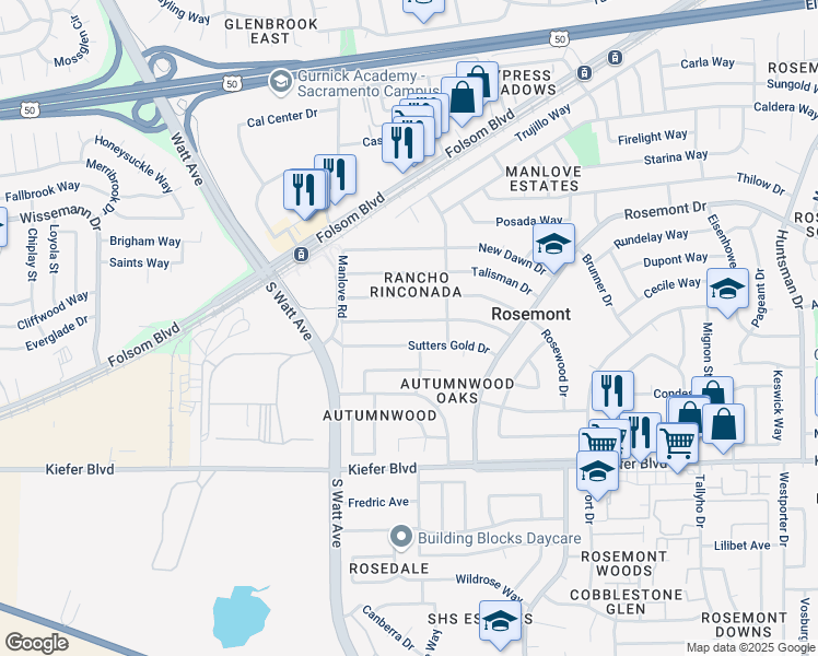map of restaurants, bars, coffee shops, grocery stores, and more near 8944 Fashion Drive in Sacramento