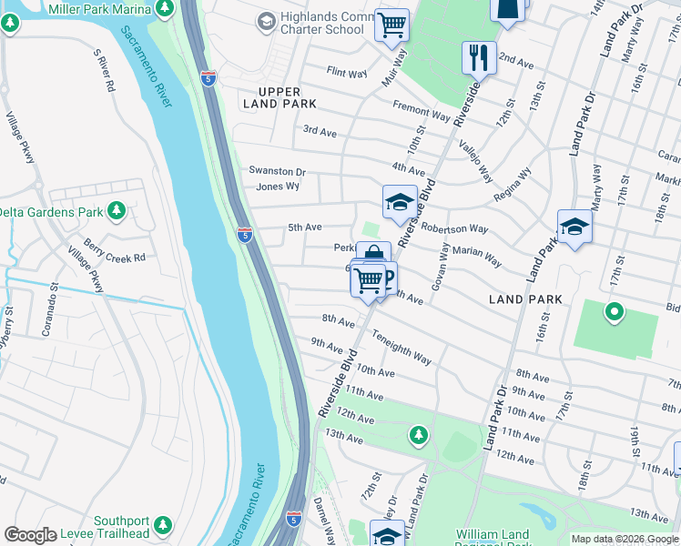 map of restaurants, bars, coffee shops, grocery stores, and more near 790 6th Avenue in Sacramento