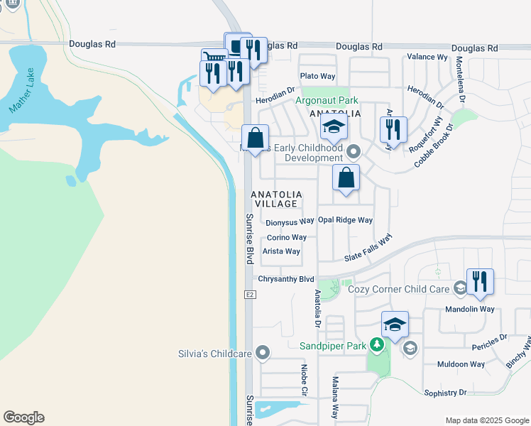 map of restaurants, bars, coffee shops, grocery stores, and more near 11745 Dionysus Way in Rancho Cordova