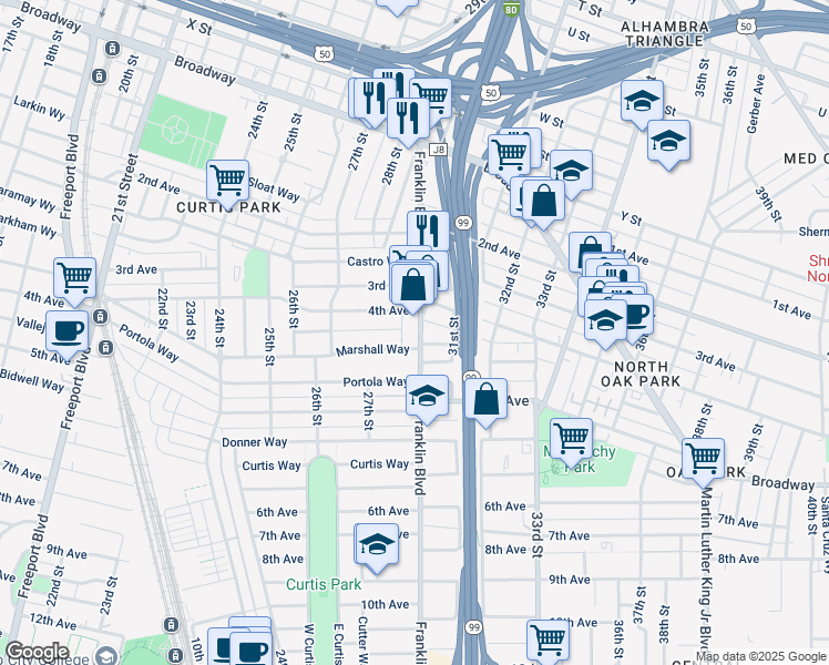map of restaurants, bars, coffee shops, grocery stores, and more near 2916 Franklin Boulevard in Sacramento