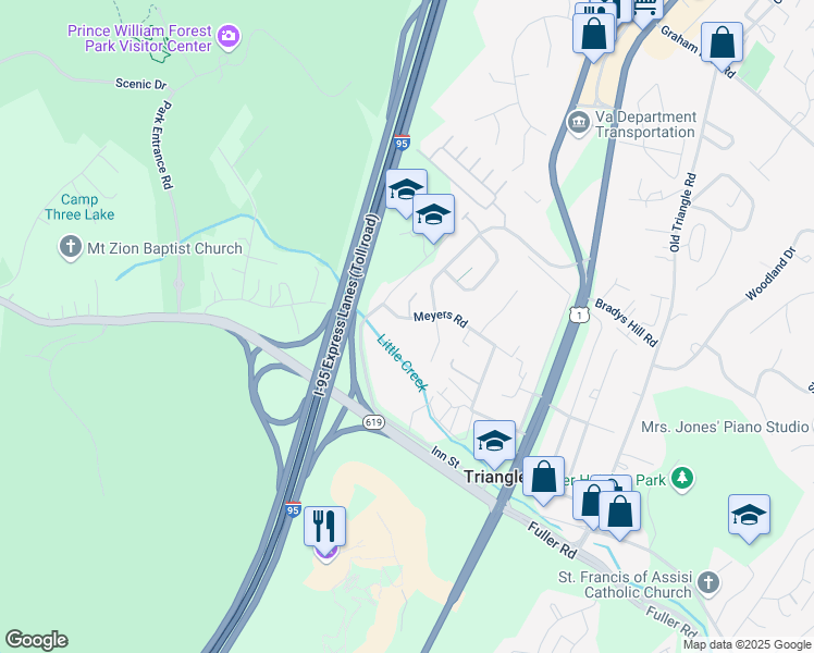 map of restaurants, bars, coffee shops, grocery stores, and more near 4267 Meyers Road in Triangle