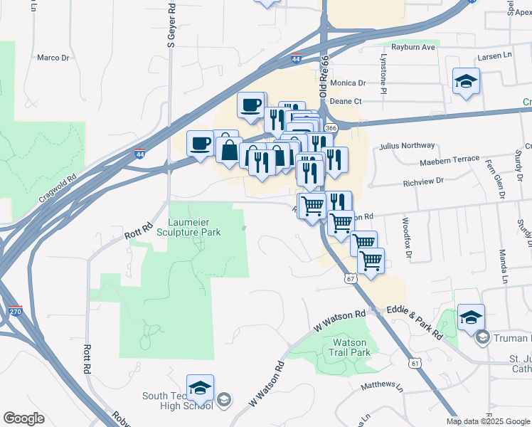 map of restaurants, bars, coffee shops, grocery stores, and more near 12470 Rott Road in Sappington