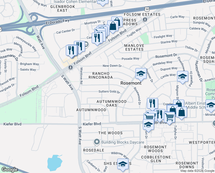 map of restaurants, bars, coffee shops, grocery stores, and more near 8968 Fashion Drive in Sacramento
