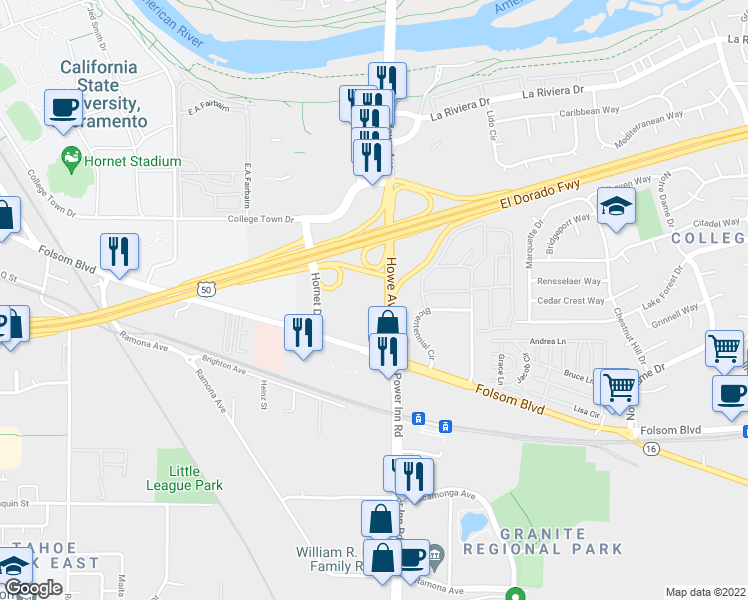 map of restaurants, bars, coffee shops, grocery stores, and more near 25 Howe Avenue in Sacramento