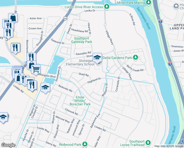 map of restaurants, bars, coffee shops, grocery stores, and more near 2558 Quail Court in West Sacramento