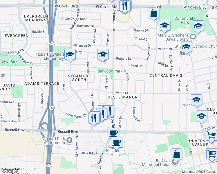 map of restaurants, bars, coffee shops, grocery stores, and more near 810 Linden Lane in Davis